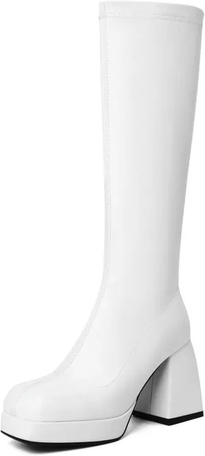 DOBOYG Knee High Boots Women Platform Chunky Block Heel Stretchy Square Toe Tall Patent Leather Long Boots
