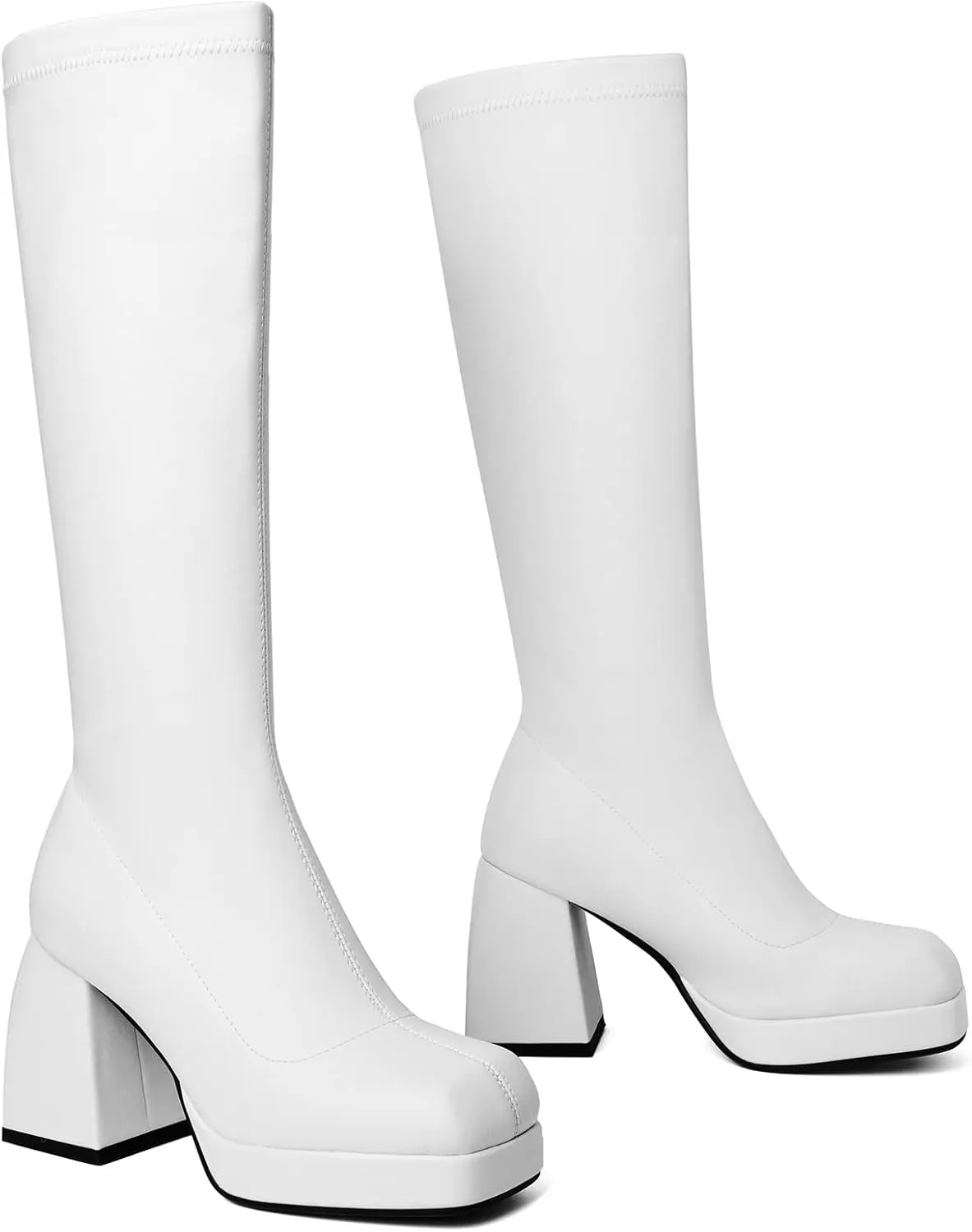 DOBOYG Knee High Boots Women Platform Chunky Block Heel Stretchy Square Toe Tall Patent Leather Long Boots