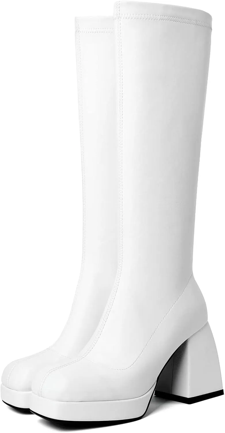DOBOYG Knee High Boots Women Platform Chunky Block Heel Stretchy Square Toe Tall Patent Leather Long Boots