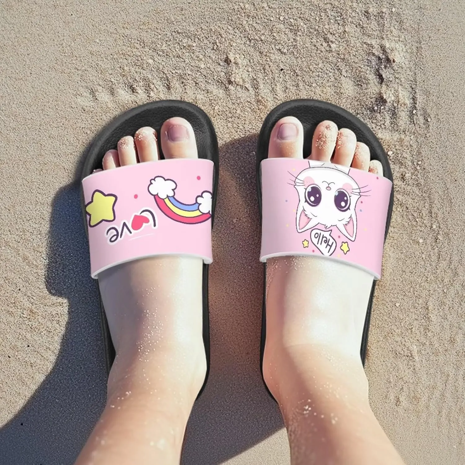 Doojoayie Cute Cat Theme Kids Girls Slide Sandals with Arch Support for Outdoor Play