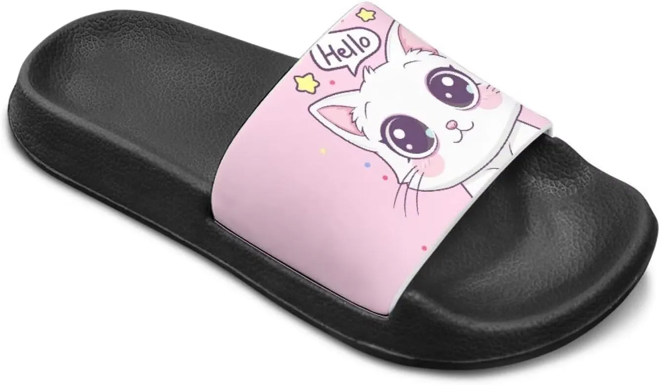 Doojoayie Cute Cat Theme Kids Girls Slide Sandals with Arch Support for Outdoor Play