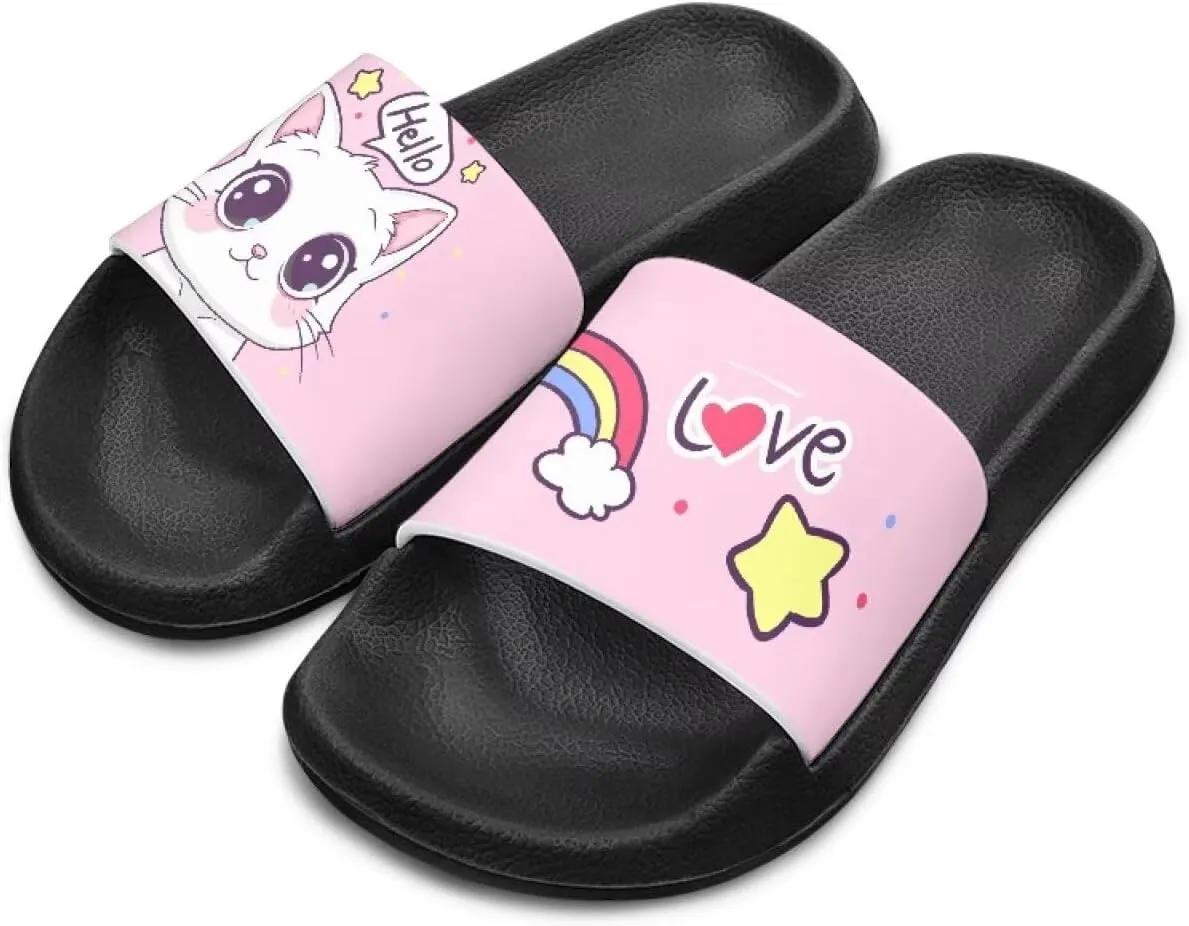Doojoayie Cute Cat Theme Kids Girls Slide Sandals with Arch Support for Outdoor Play