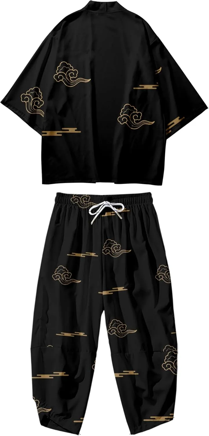 DOSLAVIDA Men's Japanese Kimono Jacket Set Stylish Open Front Coat With Shorts Chinese Style Printed Cardigan Suits