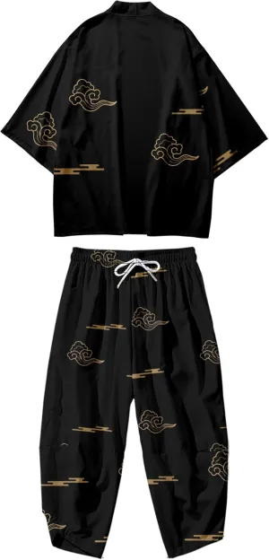 DOSLAVIDA Men's Japanese Kimono Jacket Set Stylish Open Front Coat With Shorts Chinese Style Printed Cardigan Suits
