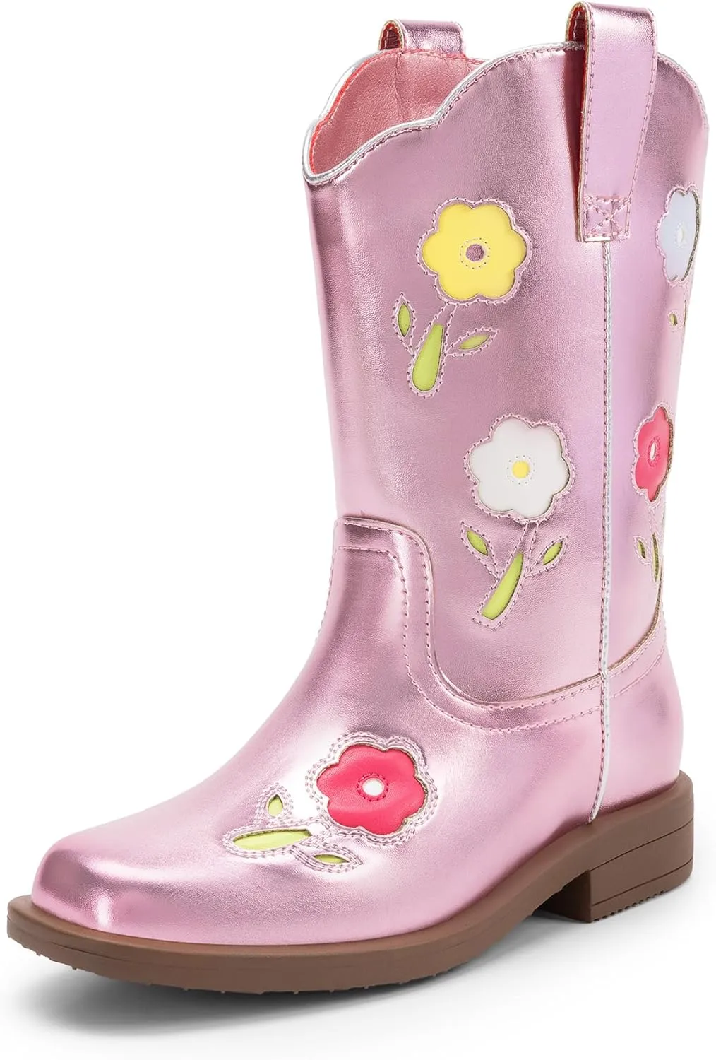 DREAM PAIRS Girls Cowgirl Boots Kids Mid Calf Western Boots Flower Cowboy Boots Square Toe Riding Shoes for Toddler/Little Kid/Big Kid