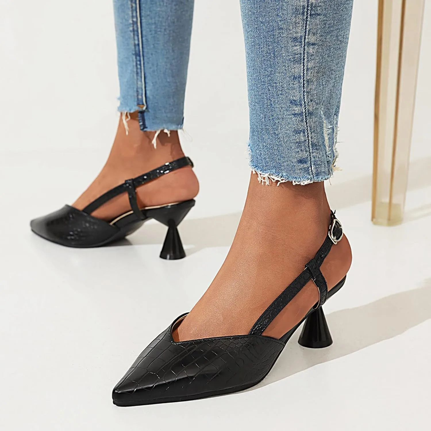 Dress Sandals for Women Stylish Black Slingback Heeled Sandals with Crocodile Texture Chic High Heels for Parties