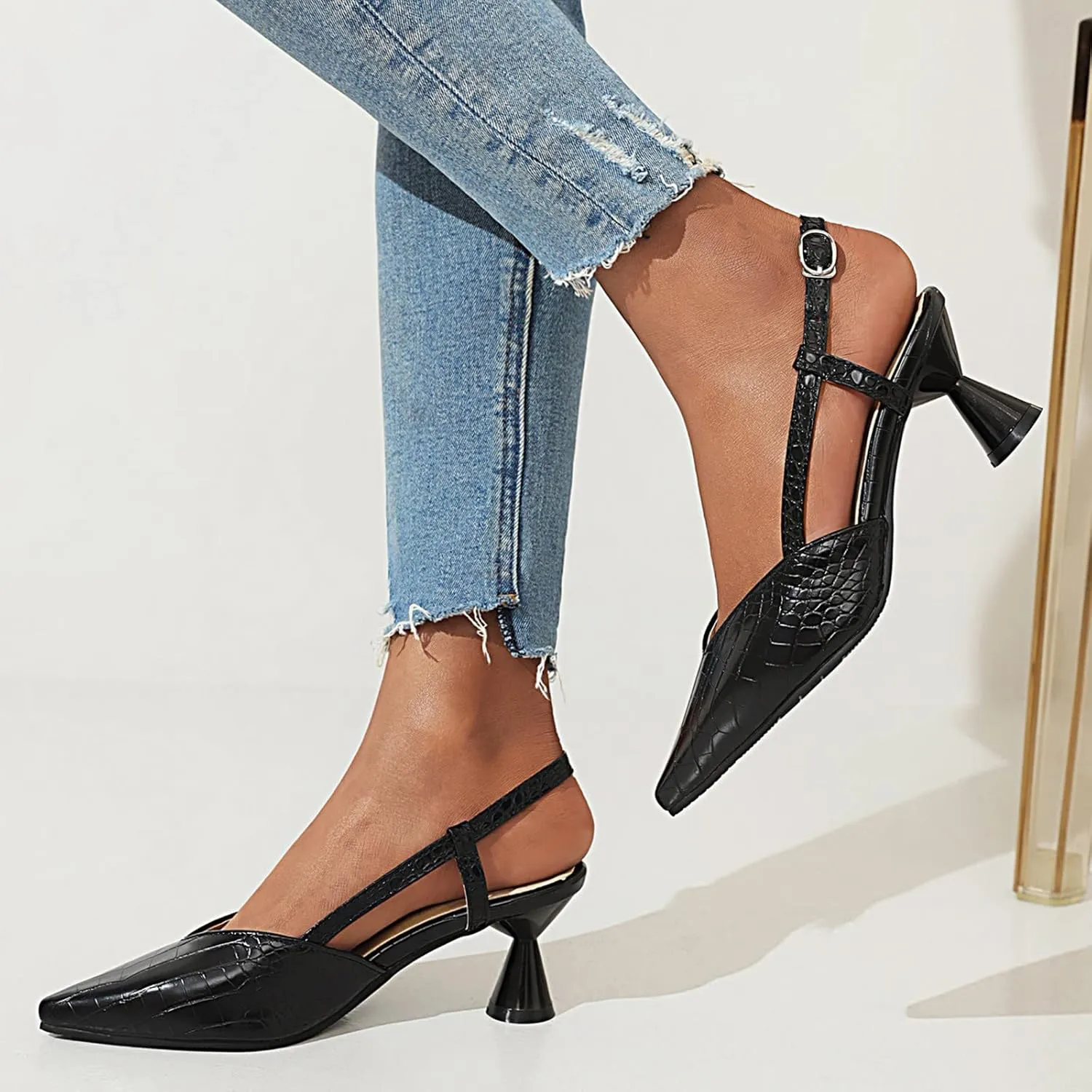 Dress Sandals for Women Stylish Black Slingback Heeled Sandals with Crocodile Texture Chic High Heels for Parties