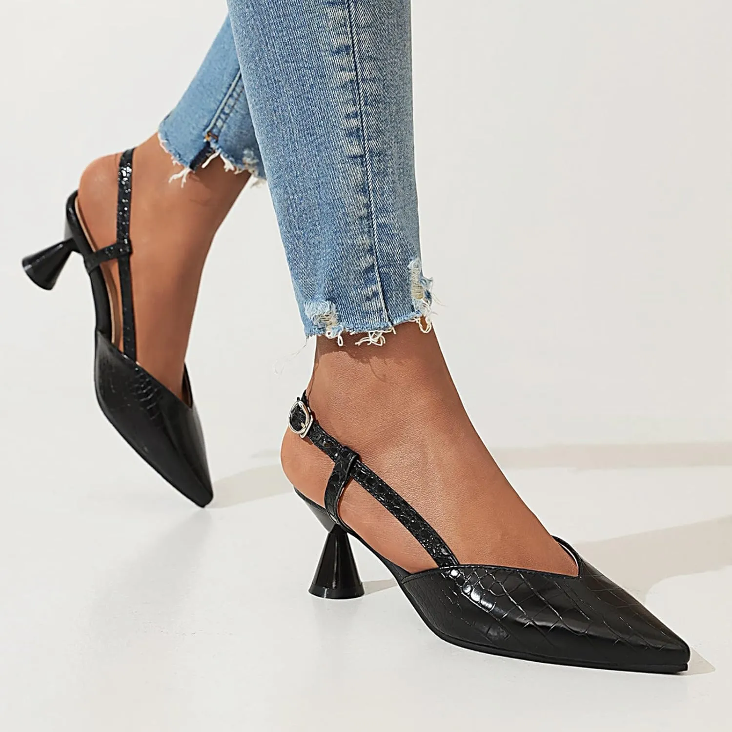 Dress Sandals for Women Stylish Black Slingback Heeled Sandals with Crocodile Texture Chic High Heels for Parties