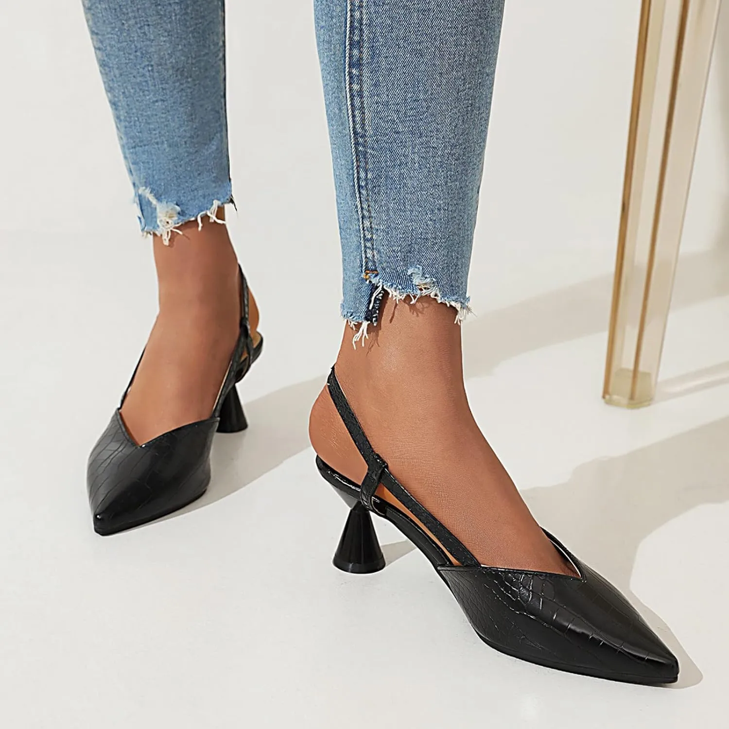 Dress Sandals for Women Stylish Black Slingback Heeled Sandals with Crocodile Texture Chic High Heels for Parties
