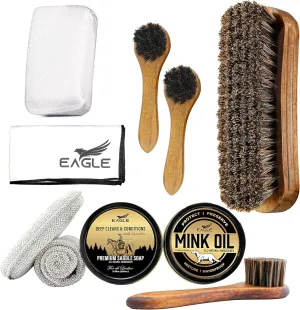 Eagle Premium 10-Piece Leather Care Kit – Saddle Soap, Mink Oil, Horsehair Brush, Daubers, Sponge & Cloths – Complete Set for Work, Western, Dress & Travel Footwear | Perfect Gift for Men & Women