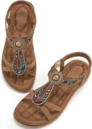 Ecetana Flat Sandals for Women 2025 Dressy Summer Boho Strappy Sandals Comfortable Slip on Beach Walking Shoes