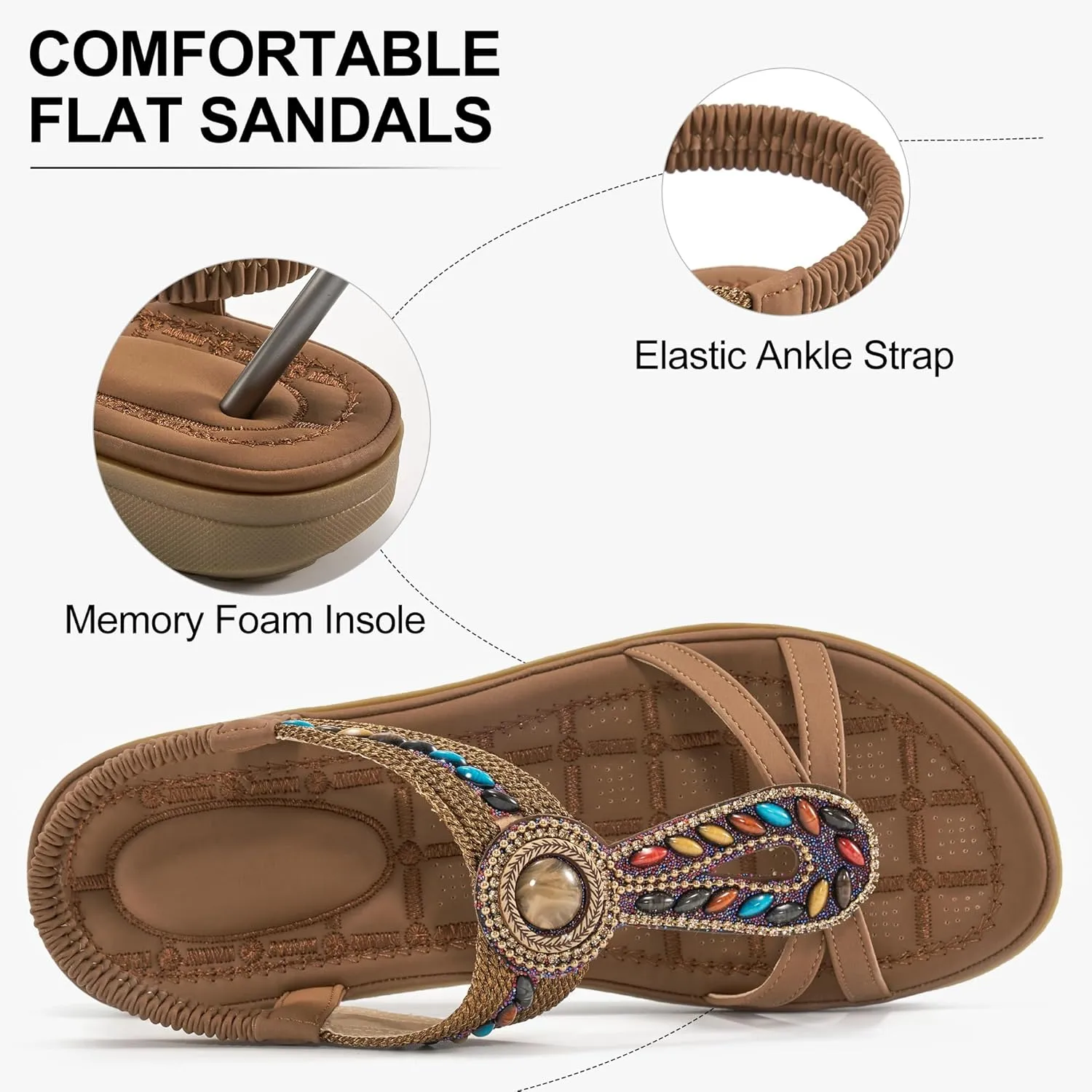 Ecetana Flat Sandals for Women 2025 Dressy Summer Boho Strappy Sandals Comfortable Slip on Beach Walking Shoes
