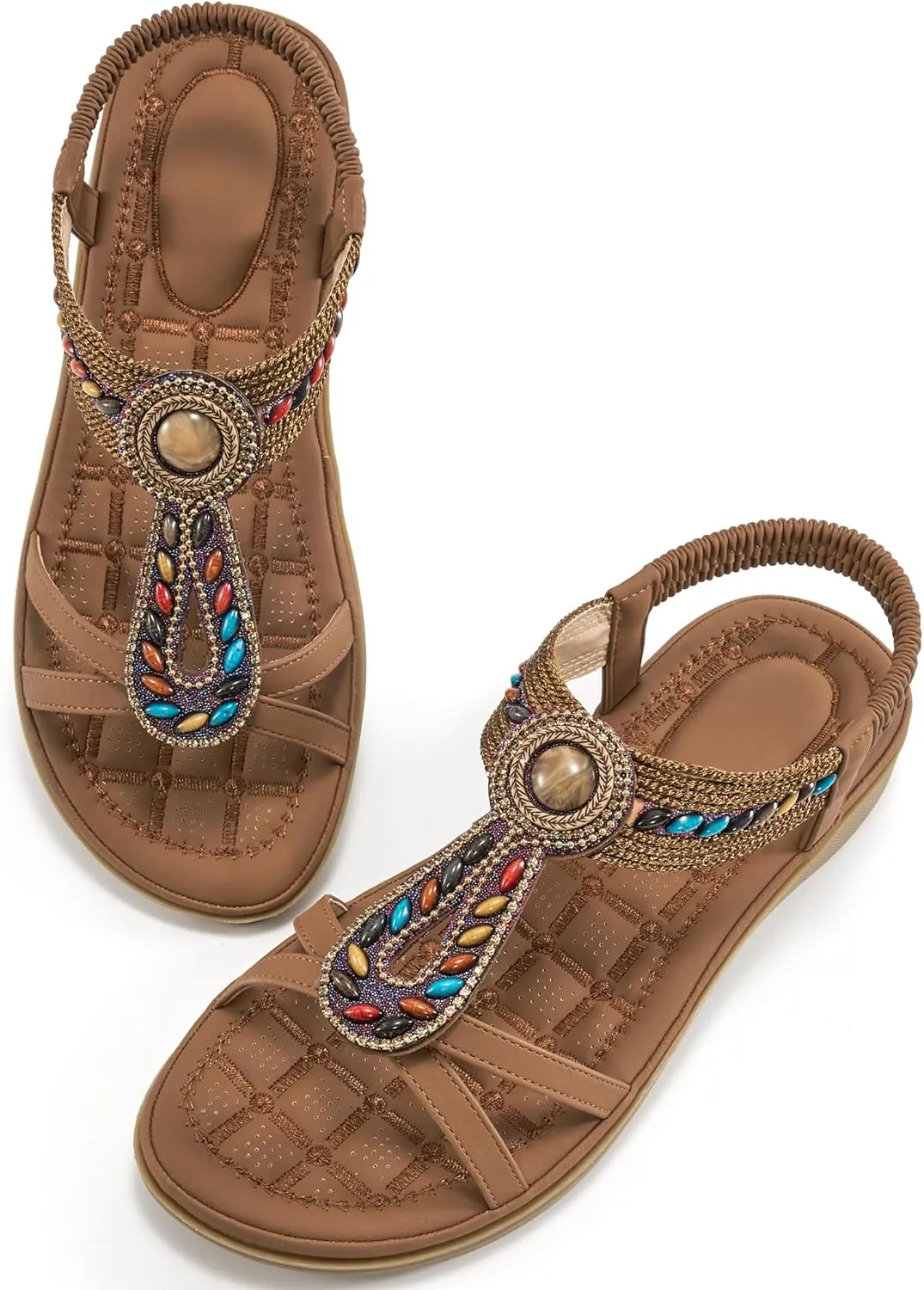 Ecetana Flat Sandals for Women 2025 Dressy Summer Boho Strappy Sandals Comfortable Slip on Beach Walking Shoes