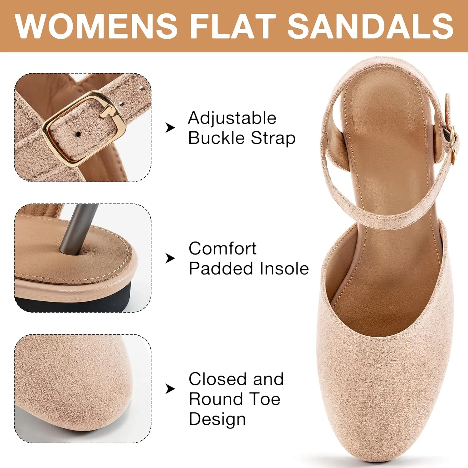 Ecetana Womens Flats Sandals Dressy Summer Comfortable Casual Fashion Round Toe Slingback Shoes with Buckle Ankle Strap