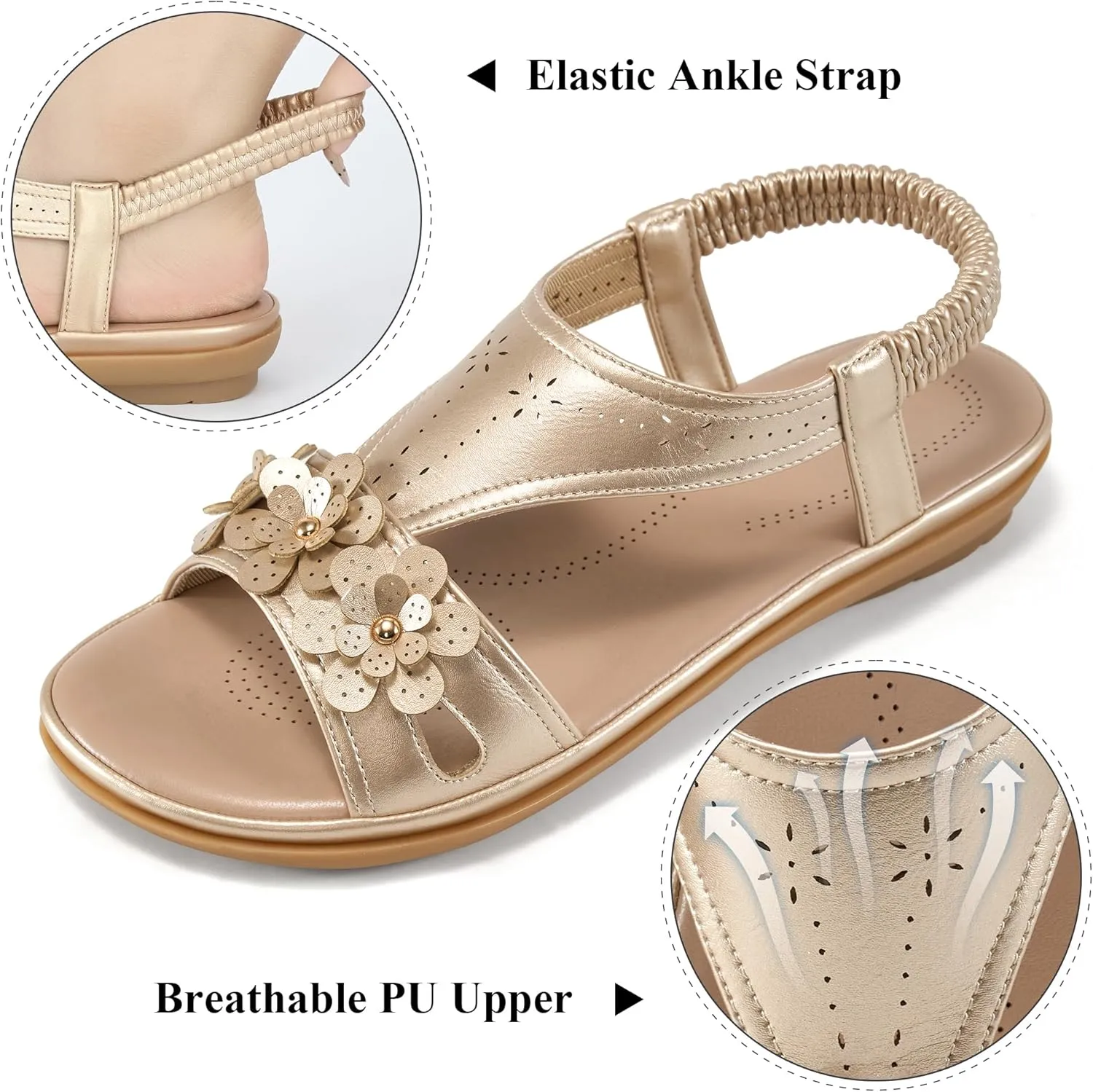 Ecetana Womens Sandals Dressy Summer Beach Casual Elastic Strap Slip on Flat Shoes with Memory Foam