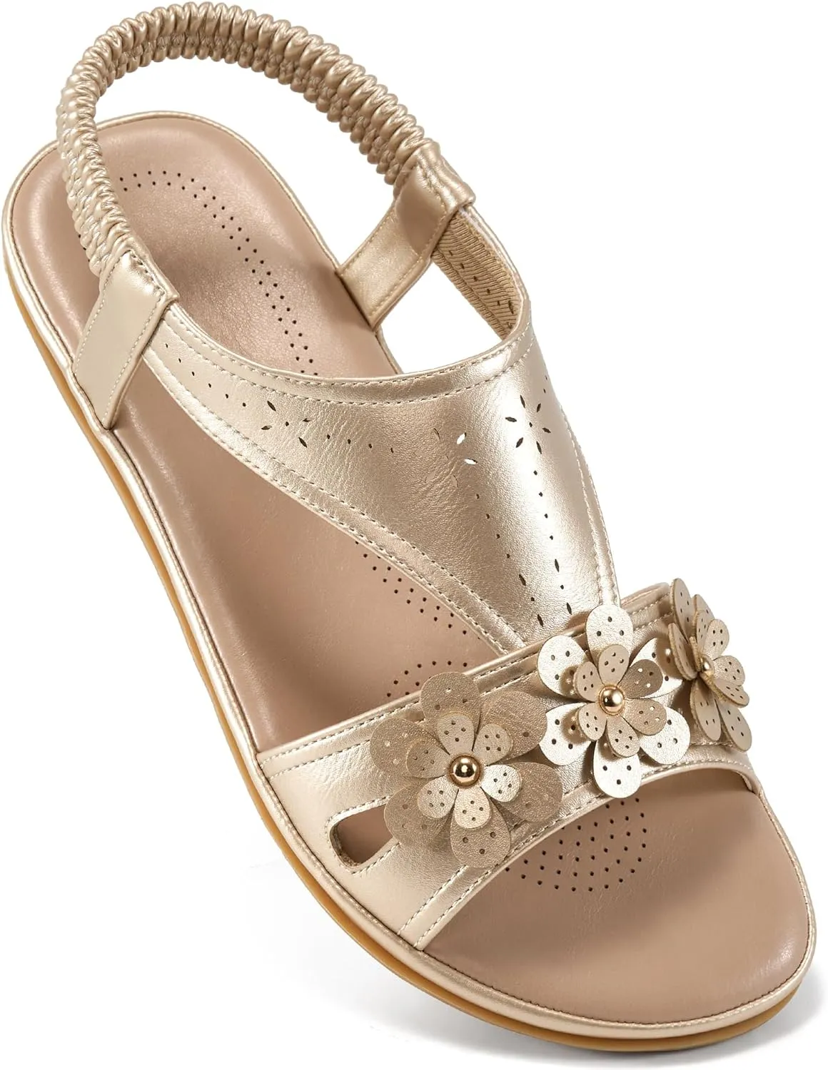 Ecetana Womens Sandals Dressy Summer Beach Casual Elastic Strap Slip on Flat Shoes with Memory Foam