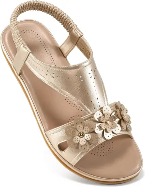Ecetana Womens Sandals Dressy Summer Beach Casual Elastic Strap Slip on Flat Shoes with Memory Foam
