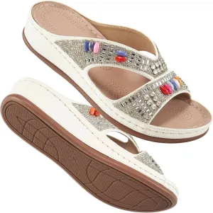 Ecetana Womens Sandals Wedge Slides Dressy Summer Rhinestone Beaded Bohemian Platform Comfortable Casual Shoes