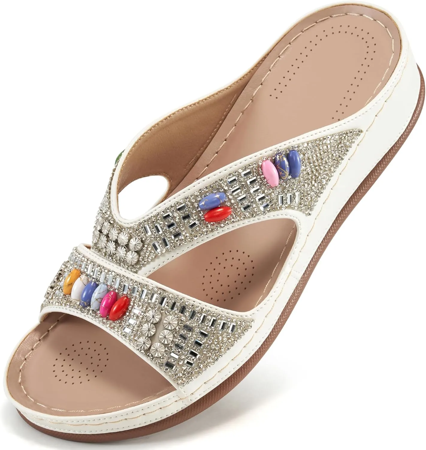 Ecetana Womens Sandals Wedge Slides Dressy Summer Rhinestone Beaded Bohemian Platform Comfortable Casual Shoes