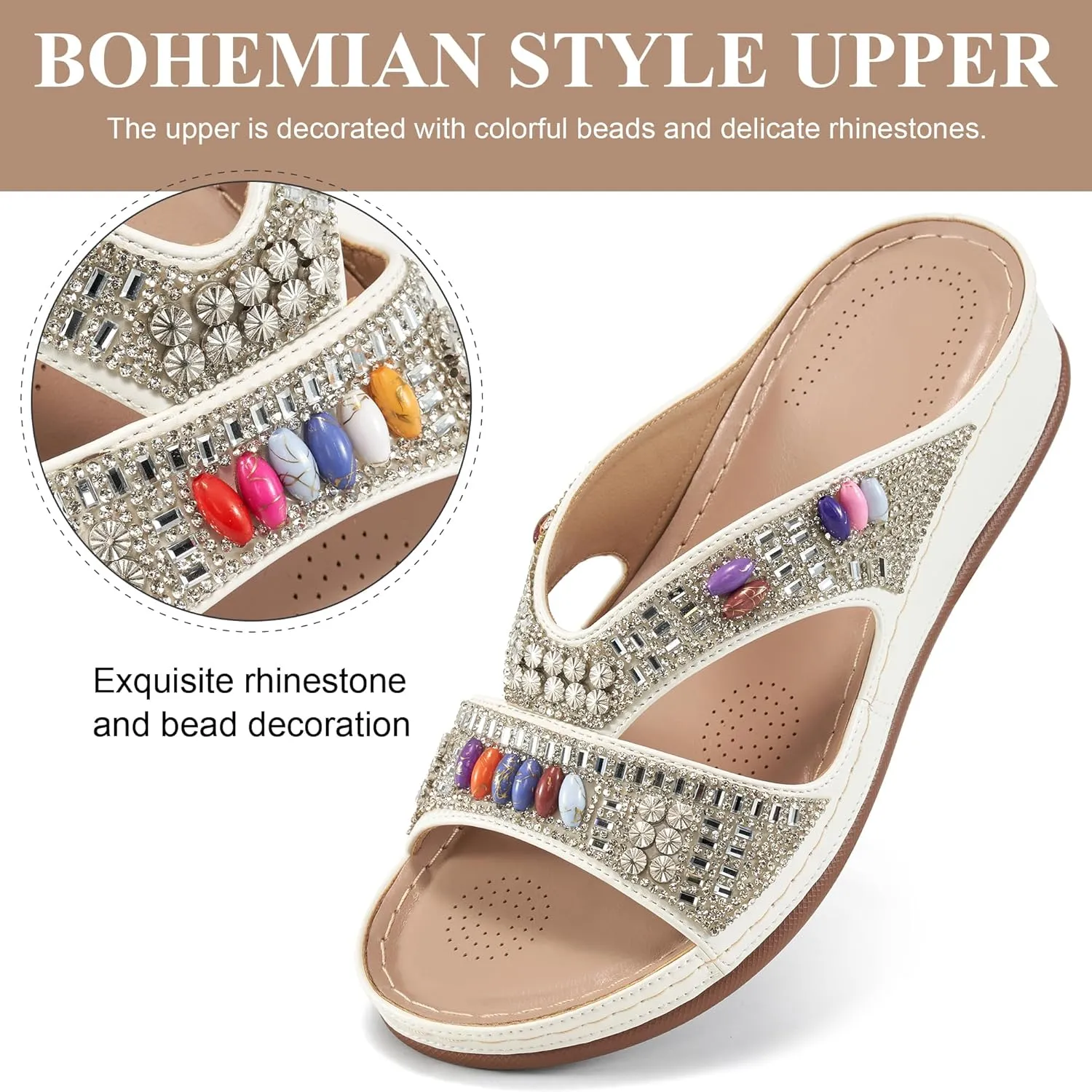 Ecetana Womens Sandals Wedge Slides Dressy Summer Rhinestone Beaded Bohemian Platform Comfortable Casual Shoes