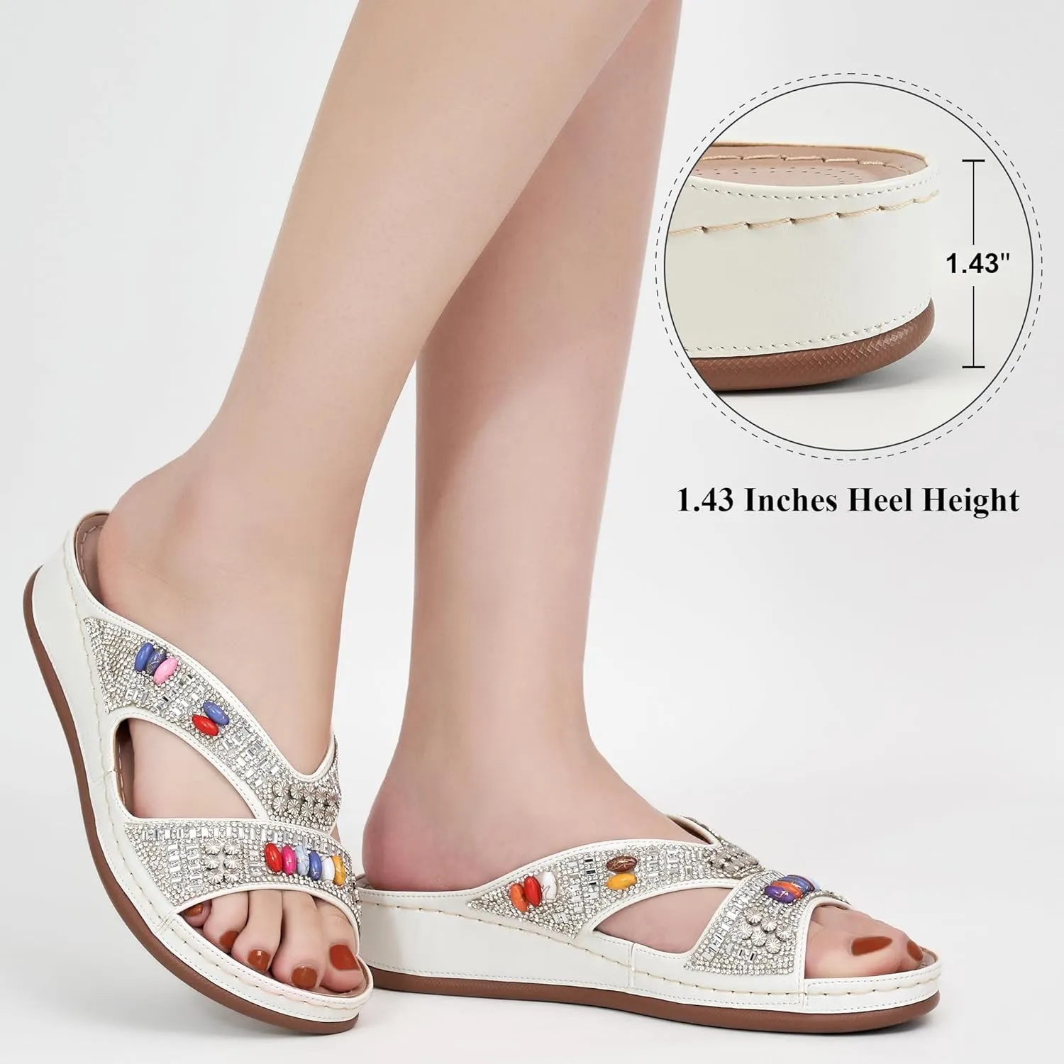 Ecetana Womens Sandals Wedge Slides Dressy Summer Rhinestone Beaded Bohemian Platform Comfortable Casual Shoes