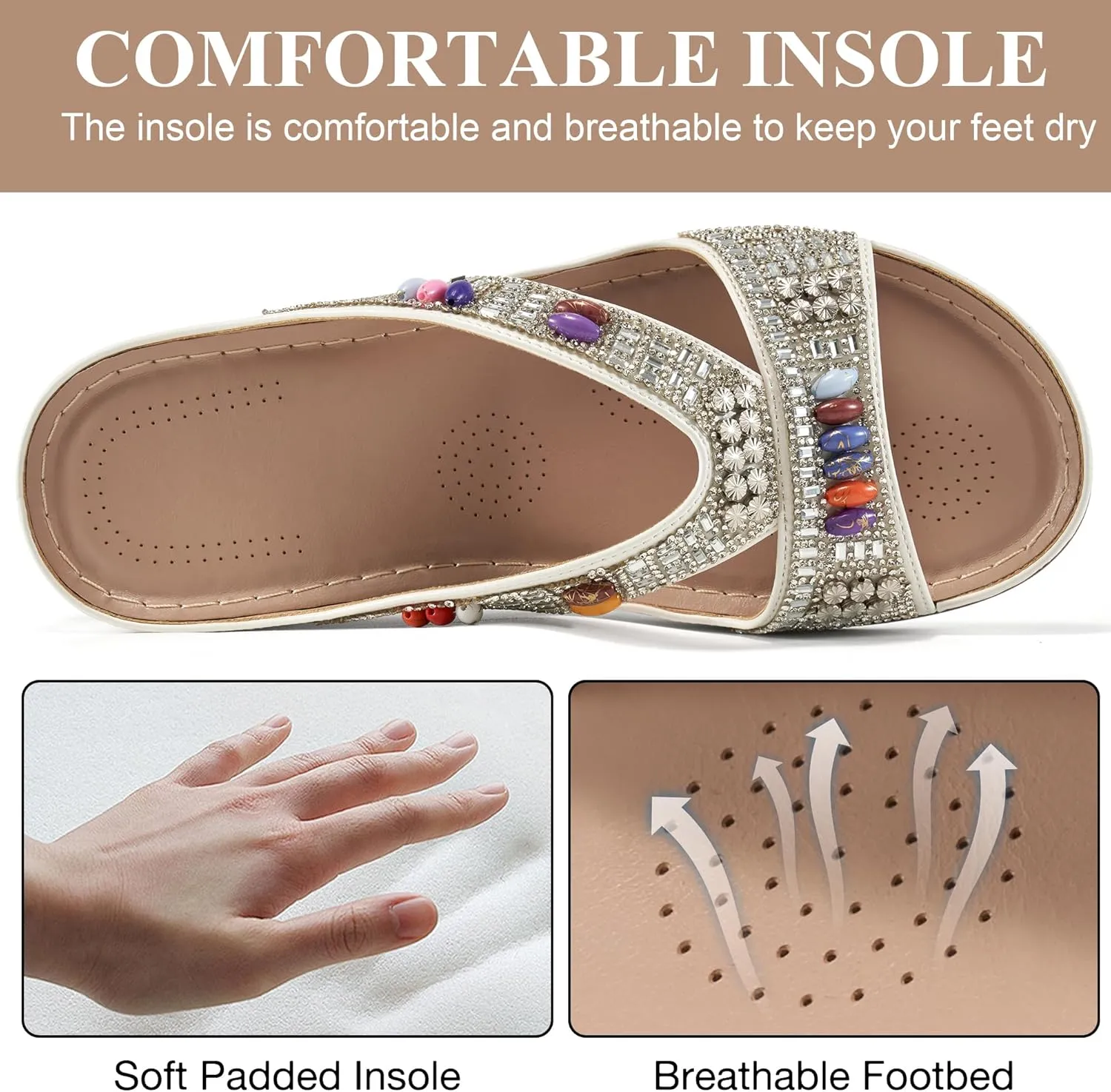 Ecetana Womens Sandals Wedge Slides Dressy Summer Rhinestone Beaded Bohemian Platform Comfortable Casual Shoes