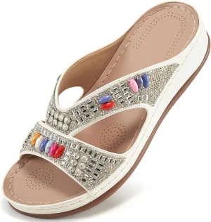 Ecetana Womens Sandals Wedge Slides Dressy Summer Rhinestone Beaded Bohemian Platform Comfortable Casual Shoes