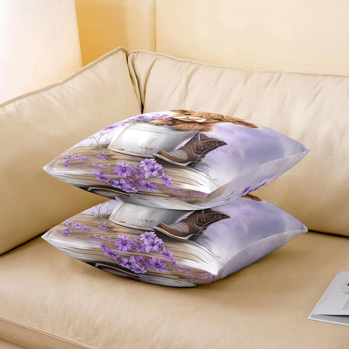 Erosebridal Pack of 4 Cartoon Cow Cushion Covers 20x20 Inch Highland Cows Throw Pillow Covers for Kids Girls Daisy Floral Wood Boots Rustic Purple White Cushion Cases Soft Decorative Pillowcases