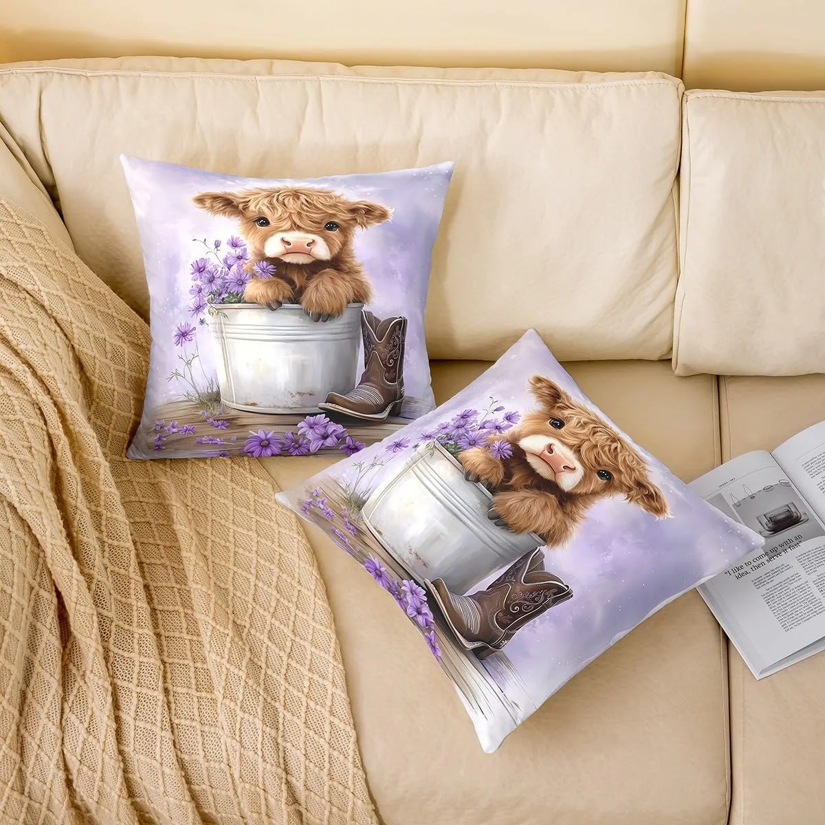 Erosebridal Pack of 4 Cartoon Cow Cushion Covers 20x20 Inch Highland Cows Throw Pillow Covers for Kids Girls Daisy Floral Wood Boots Rustic Purple White Cushion Cases Soft Decorative Pillowcases