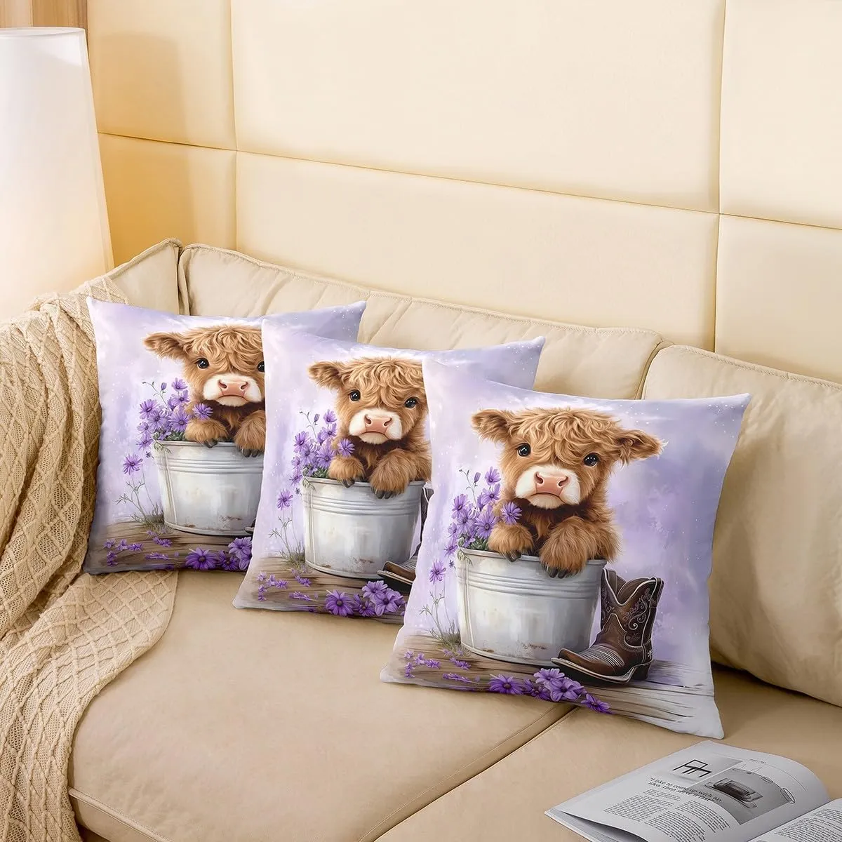 Erosebridal Pack of 4 Cartoon Cow Cushion Covers 20x20 Inch Highland Cows Throw Pillow Covers for Kids Girls Daisy Floral Wood Boots Rustic Purple White Cushion Cases Soft Decorative Pillowcases