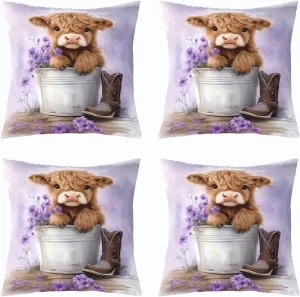 Erosebridal Pack of 4 Cartoon Cow Cushion Covers 20x20 Inch Highland Cows Throw Pillow Covers for Kids Girls Daisy Floral Wood Boots Rustic Purple White Cushion Cases Soft Decorative Pillowcases