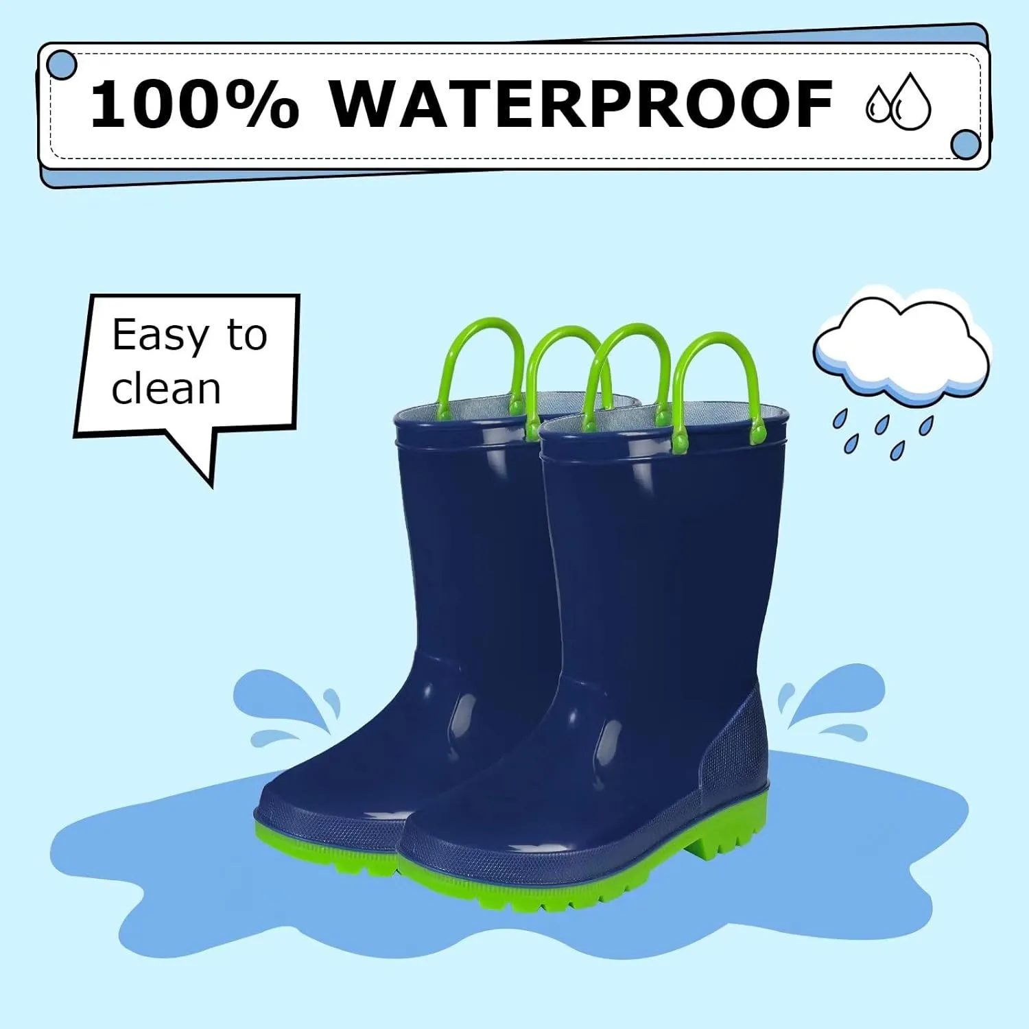 EUXTERPA Boys Girls Rain Boots Toddler Kids Waterproof Boots Children Lightweight Rain Shoes with Handles
