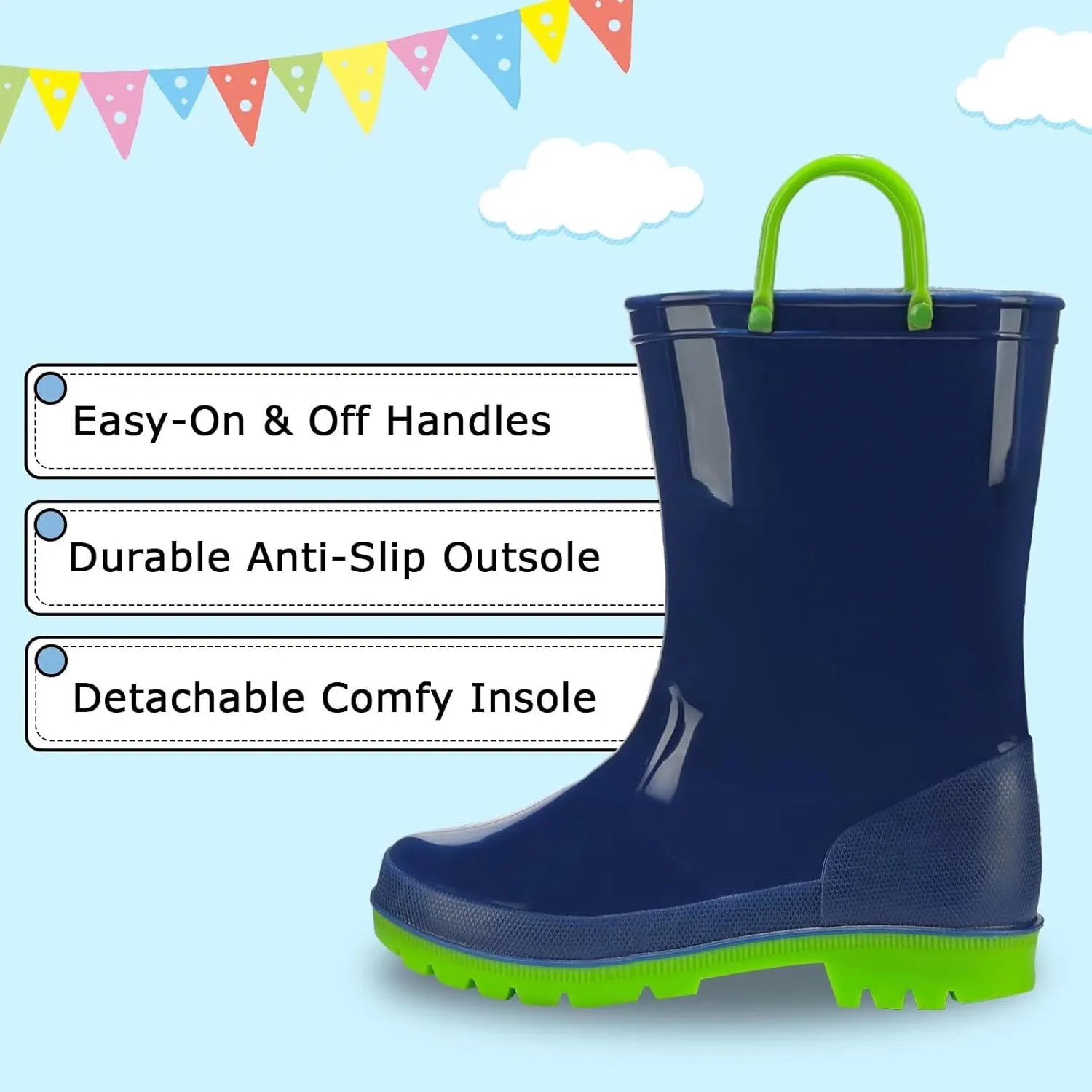 EUXTERPA Boys Girls Rain Boots Toddler Kids Waterproof Boots Children Lightweight Rain Shoes with Handles