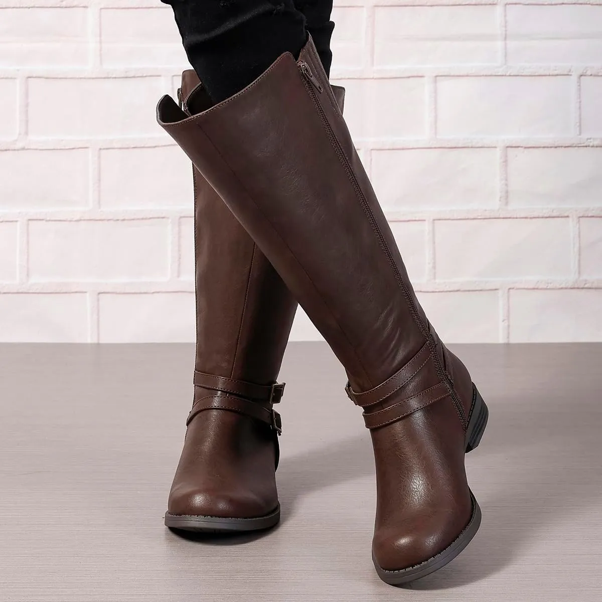 Extra Wide Calf Knee High Boots for Women, Flat Low Heel Side Zipper Tall Riding Boots Plus Size