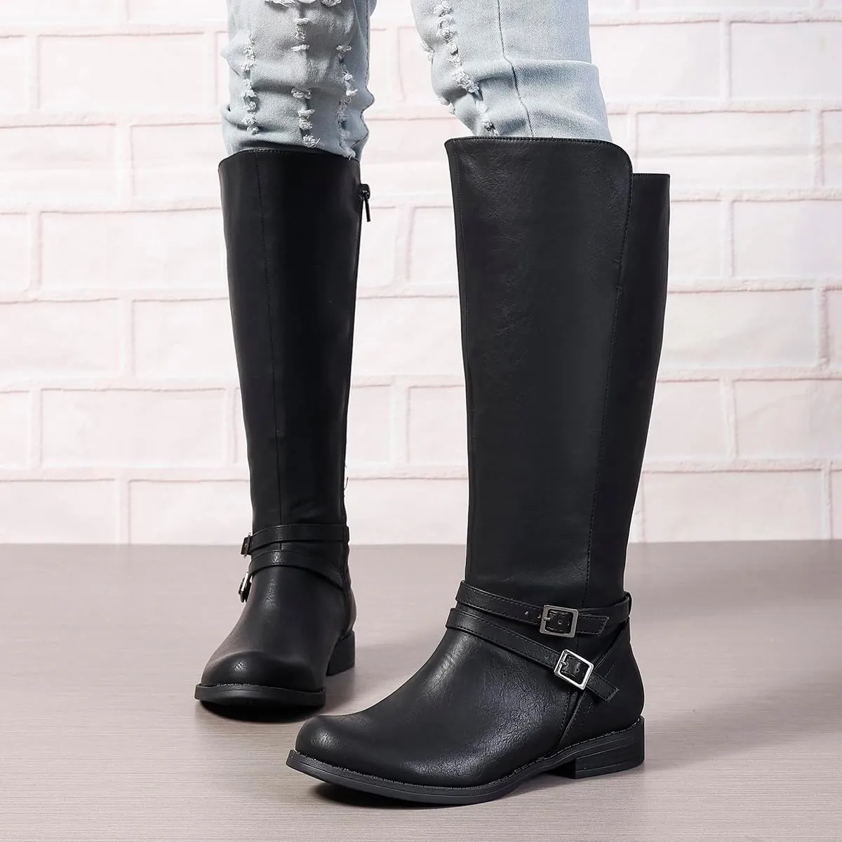 Extra Wide Calf Knee High Boots for Women, Flat Low Heel Side Zipper Tall Riding Boots Plus Size