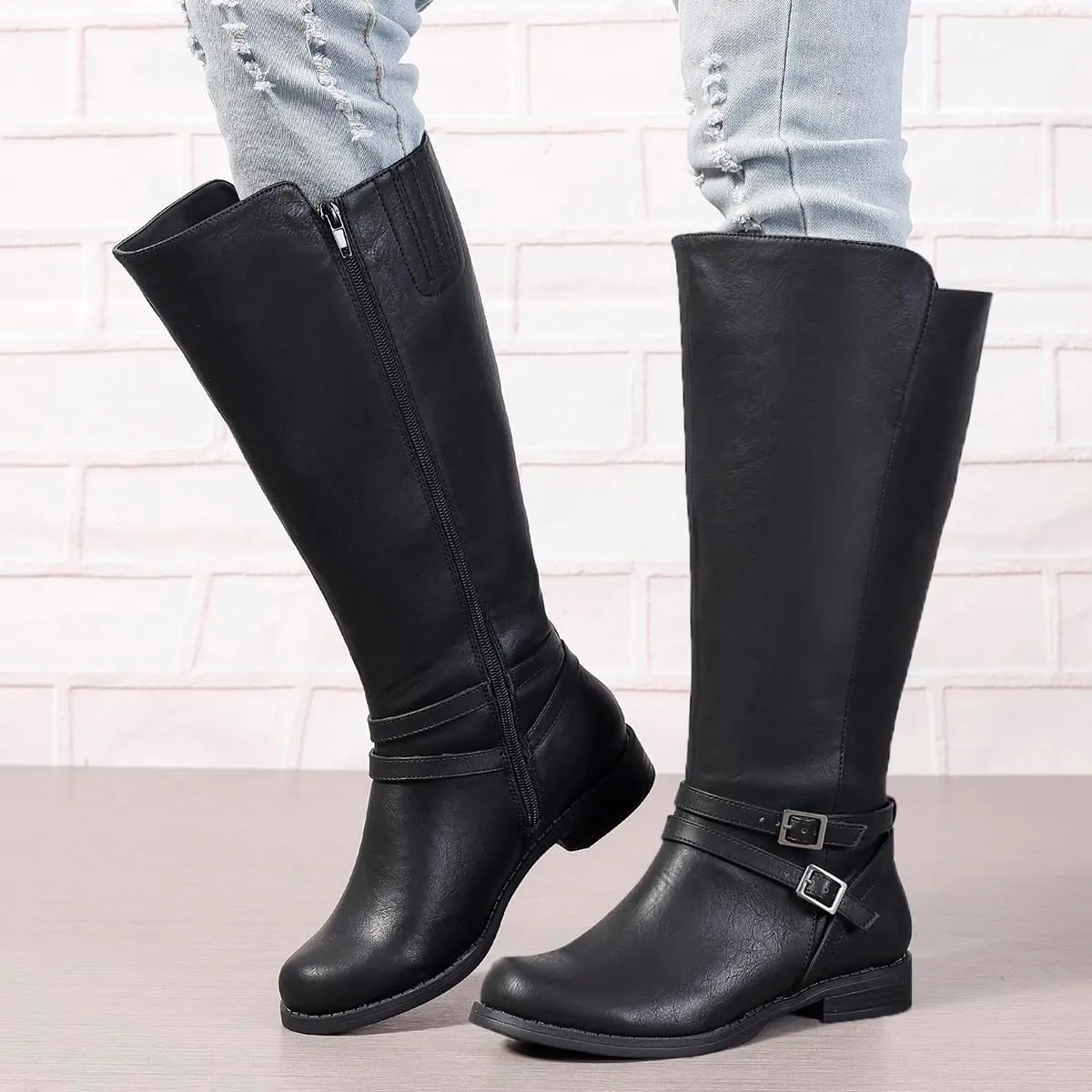 Extra Wide Calf Knee High Boots for Women, Flat Low Heel Side Zipper Tall Riding Boots Plus Size