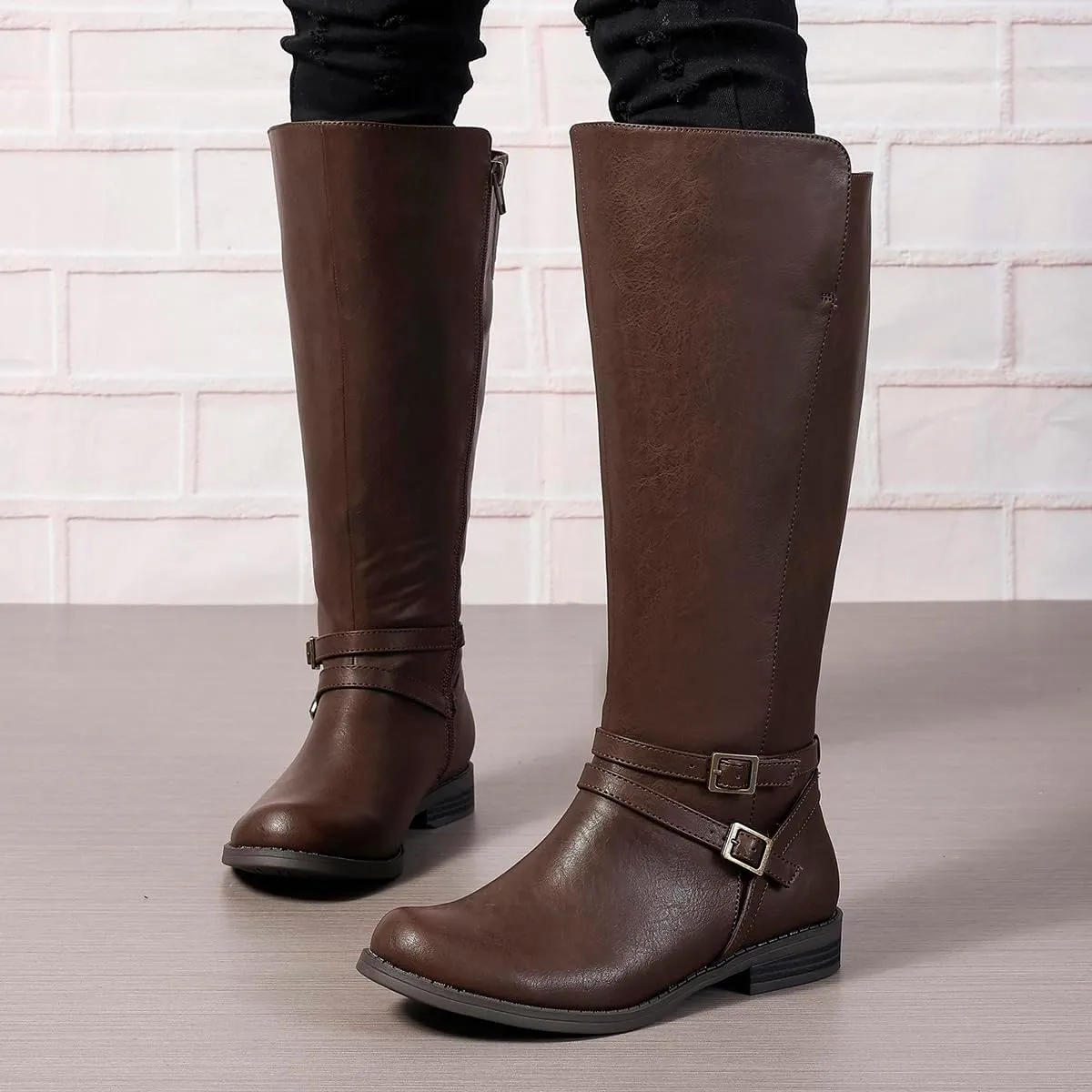 Extra Wide Calf Knee High Boots for Women, Flat Low Heel Side Zipper Tall Riding Boots Plus Size