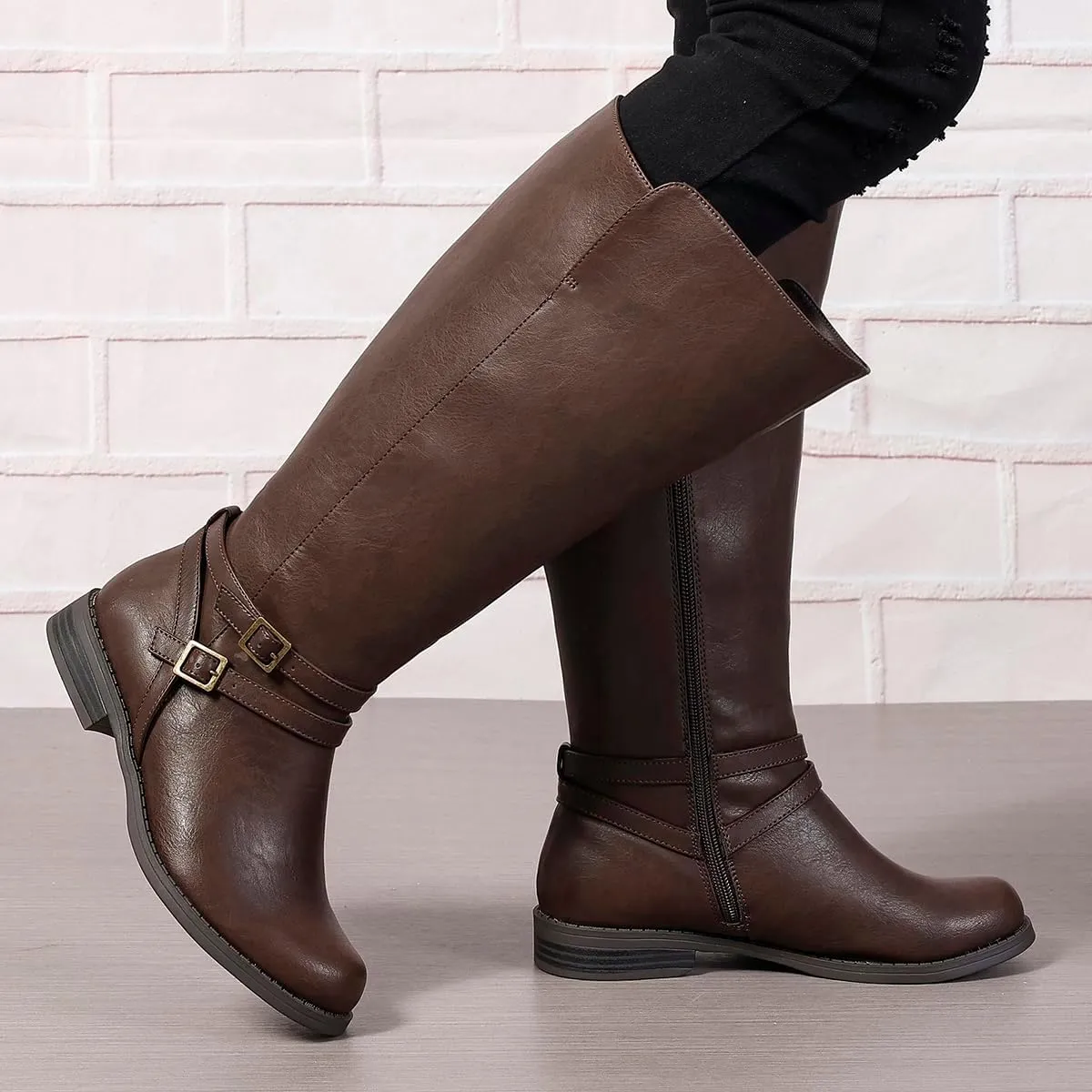 Extra Wide Calf Knee High Boots for Women, Flat Low Heel Side Zipper Tall Riding Boots Plus Size