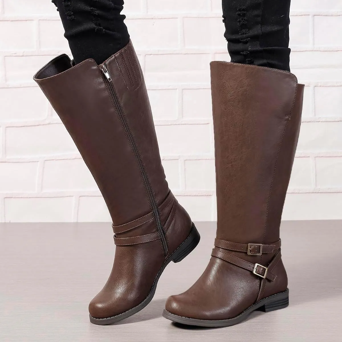 Extra Wide Calf Knee High Boots for Women, Flat Low Heel Side Zipper Tall Riding Boots Plus Size