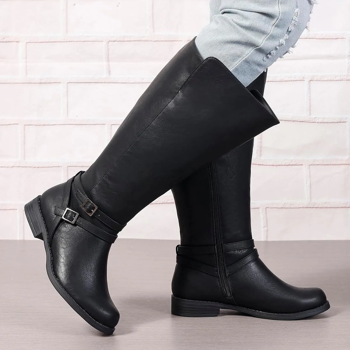 Extra Wide Calf Knee High Boots for Women, Flat Low Heel Side Zipper Tall Riding Boots Plus Size