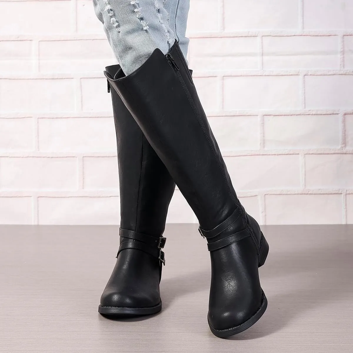 Extra Wide Calf Knee High Boots for Women, Flat Low Heel Side Zipper Tall Riding Boots Plus Size