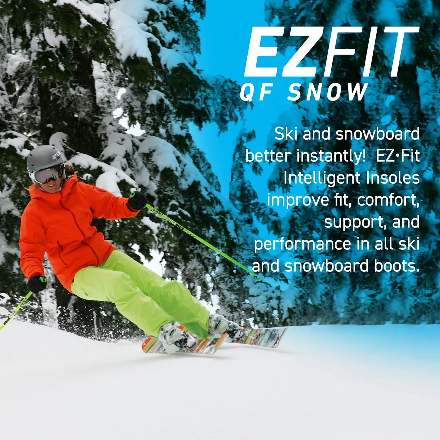 EZFit QF Ski & Snowboard Boot Insoles - Pain Relief Inserts for Men & Women with Regular & High Arch Support Boot Insoles for Better Control, Reduced Fatigue & Heel Support - Regular/Large