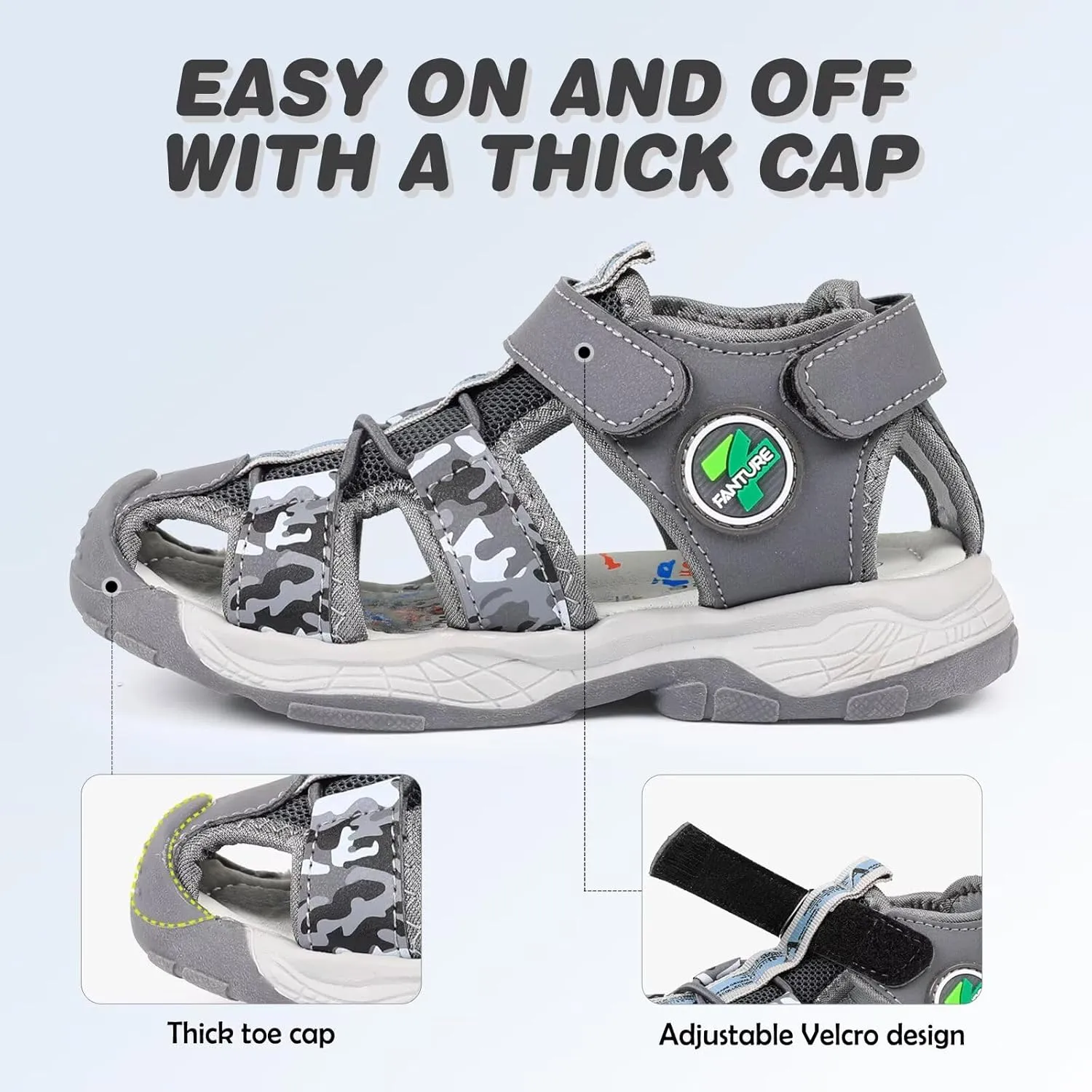 FANTURE Kids Athletic Sandals Closed Toe Lightweight Boys Girls Outdoor Summer Sports Shoes
