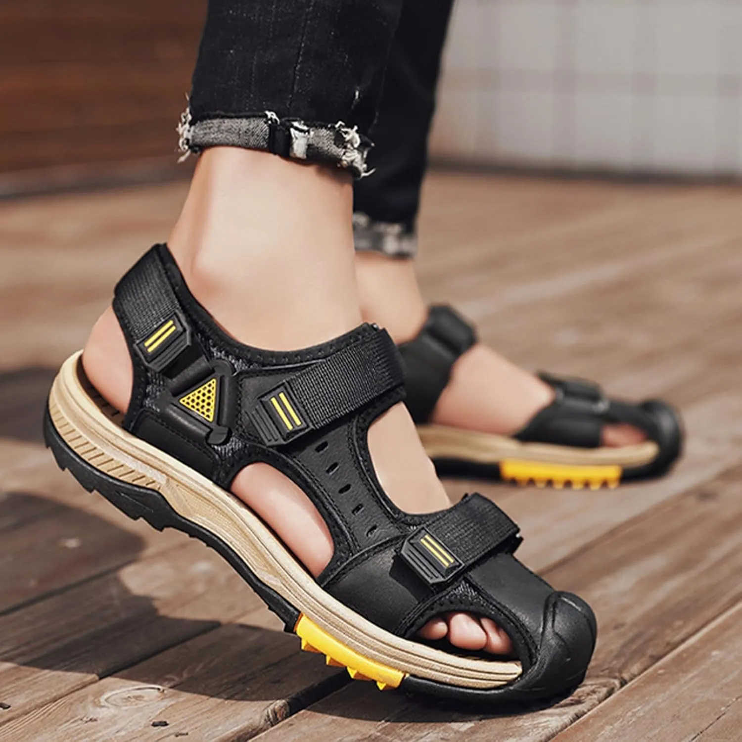 Fashion Men's Large Size Backpacking Hiking Sandals, Breathable Classics Real Leather Sandals, Outdoor Sports Closed Toe Beach Shoes