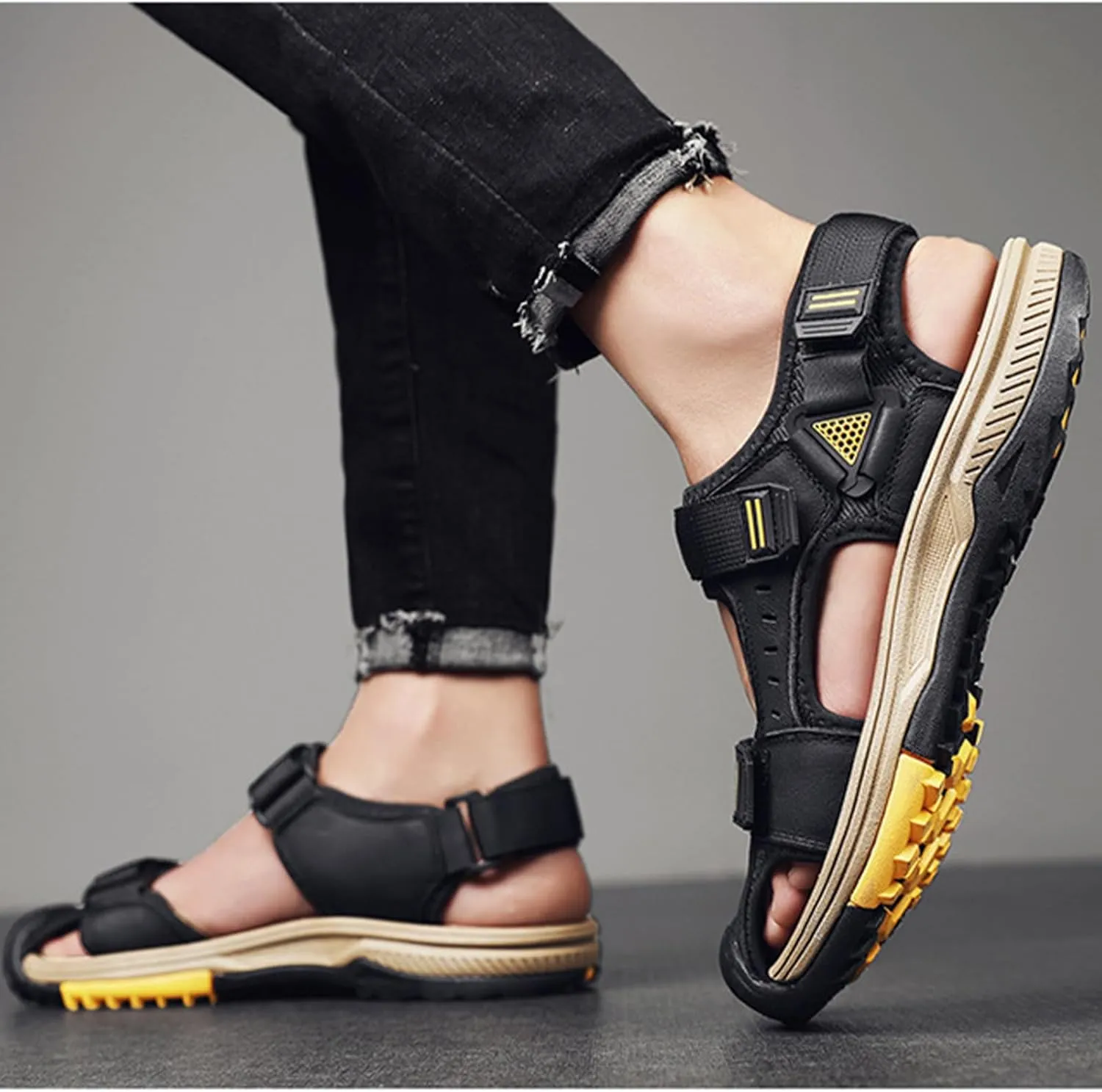 Fashion Men's Large Size Backpacking Hiking Sandals, Breathable Classics Real Leather Sandals, Outdoor Sports Closed Toe Beach Shoes