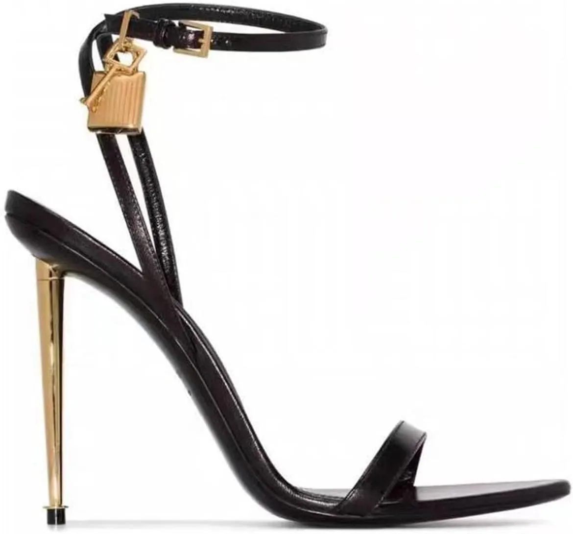 Fashion Pointed Toe Strap Stiletto High Heels Open Toe Large Size Women's Metal Lock Summer Sandals