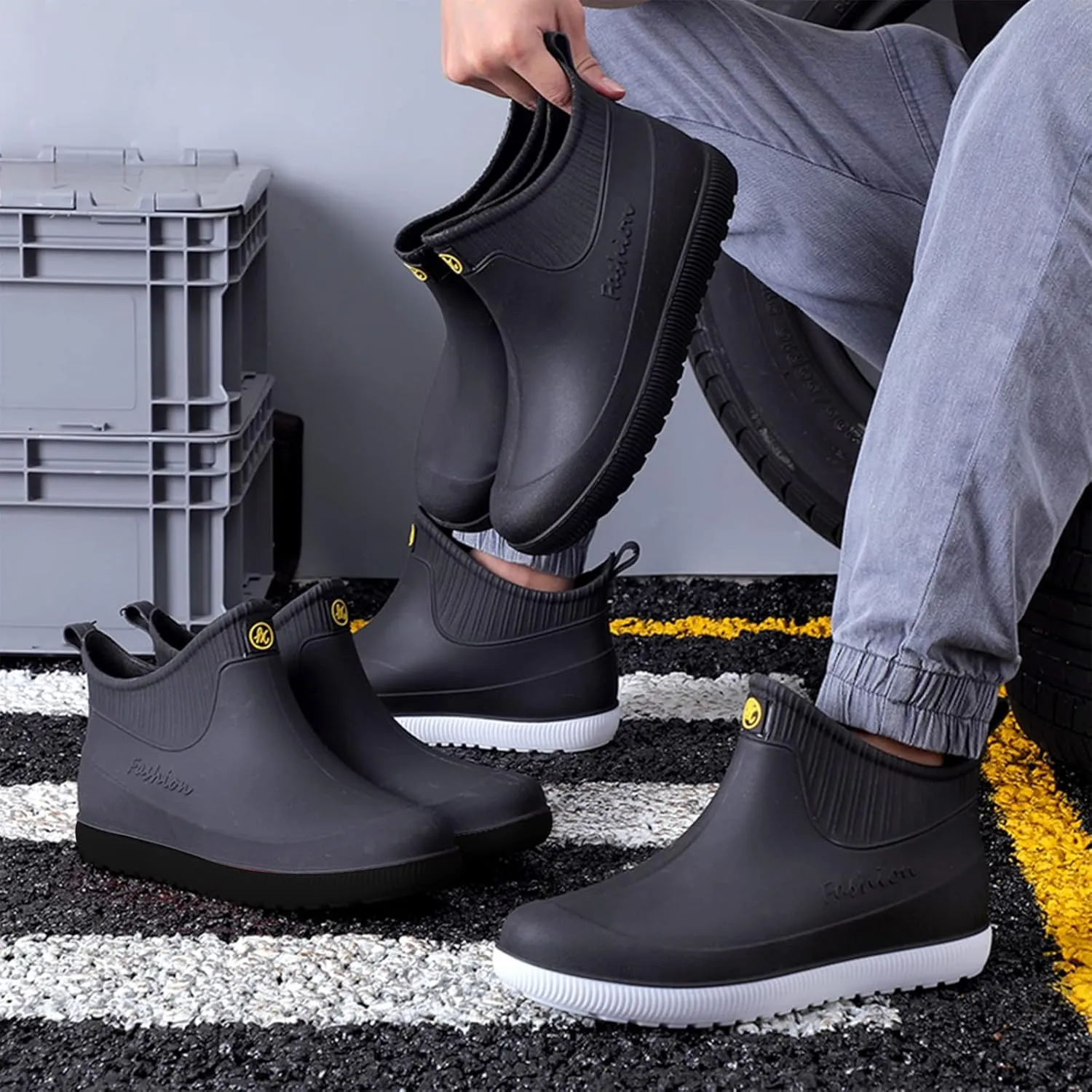 fereshte Men's Ankle Rain Boots Waterproof PVC Short Rubber Garden Boots