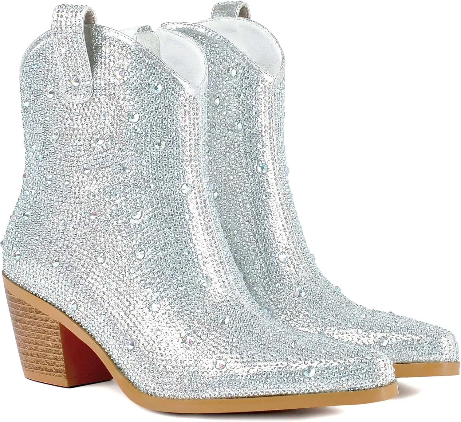 FIFSY Women Rhinestone Cowboy Boots Glitter Chunky Heel Sparkly Cowgirl Ankle Boots…