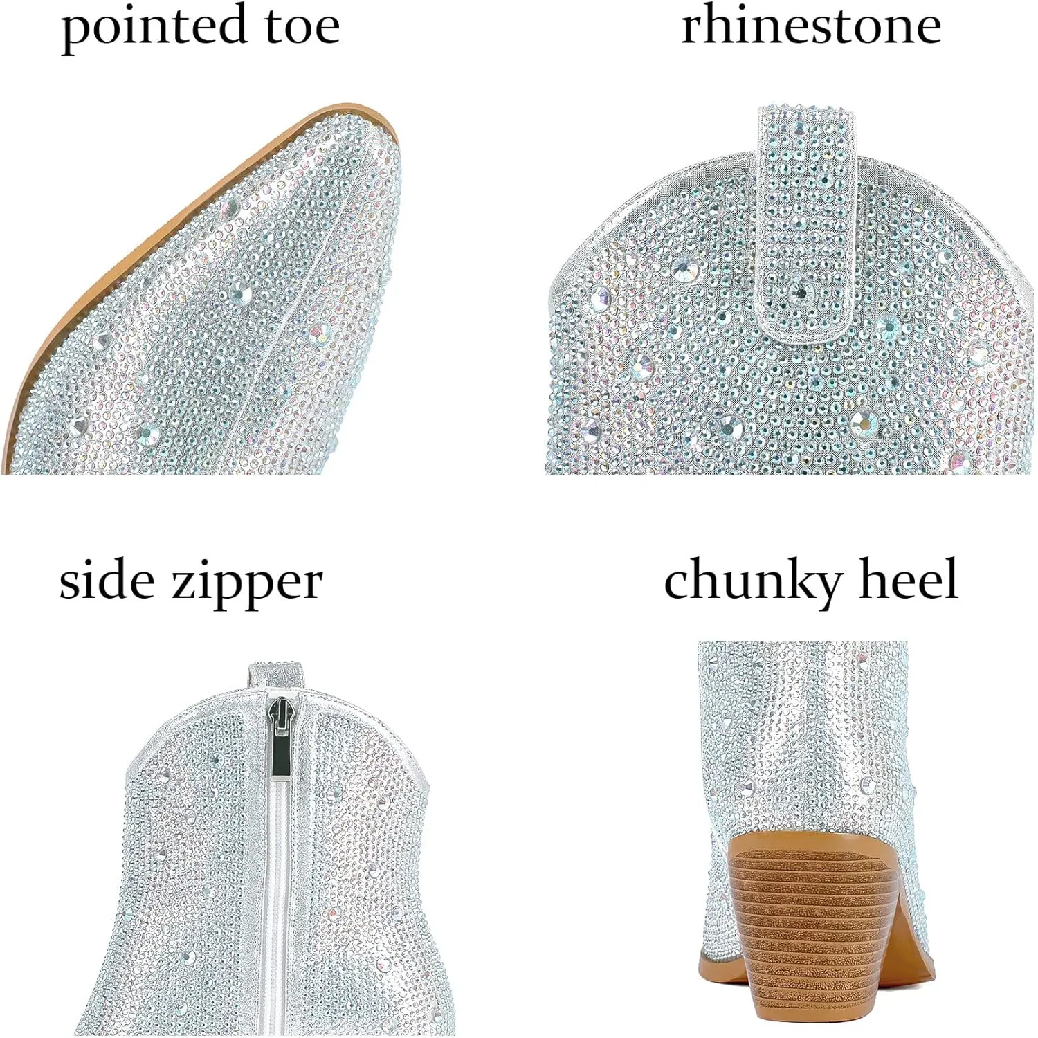 FIFSY Women Rhinestone Cowboy Boots Glitter Chunky Heel Sparkly Cowgirl Ankle Boots…