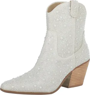 FIFSY Women Rhinestone Cowboy Boots Glitter Chunky Heel Sparkly Cowgirl Ankle Boots…